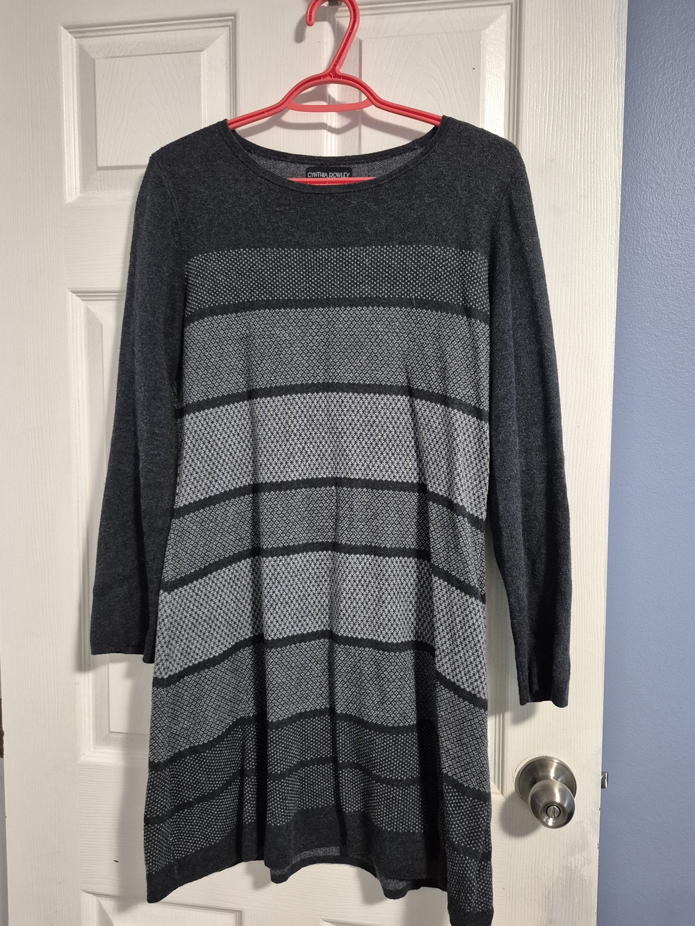 Cynthia Rowley Gray & Light Gray Striped Knit Crewneck Sweater